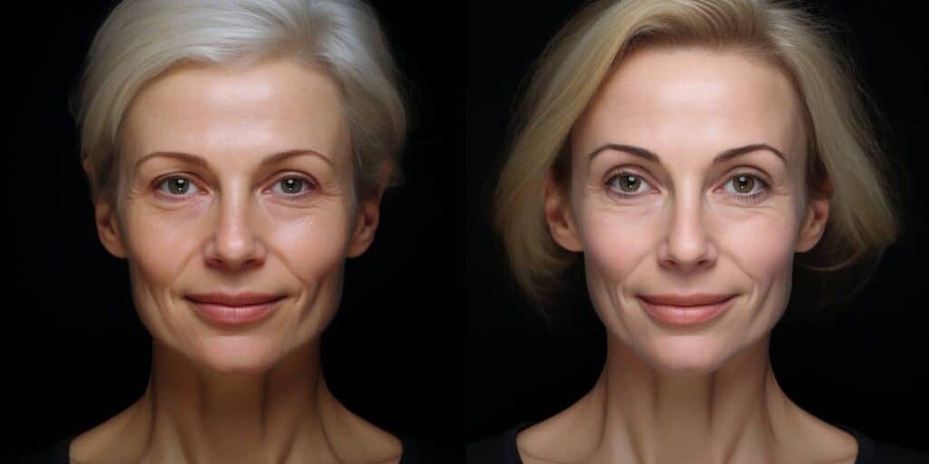 A photo of a middle-aged woman before and after blepharoplasty